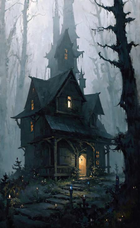 118823-1811087338-masterpiece, best quality, beautiful oil painting illustration, eerie witch cottage deep in a magical forest, dark, moody, myste.png